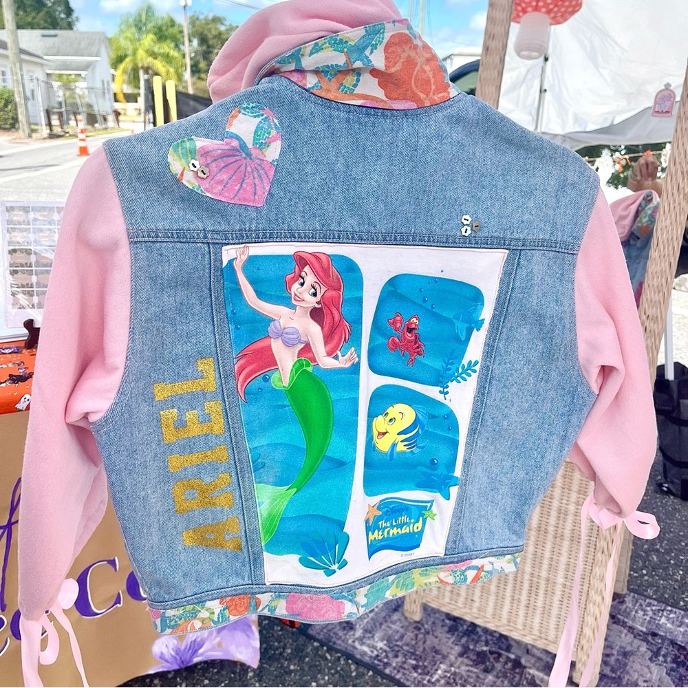 OOAK Demin Jacket Handmade Patchwork Design Lace Vintage Ariel Graphic Girls L